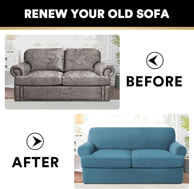 PrinceDeco T Cushion Loveseat Slipcover - 3 Pieces Sofa Cover for 2 Cushion Couch with 2 Individual T Shape Seat Covers Width Up to 76 Inch - Stretch, Machine Washable, Storm Blue