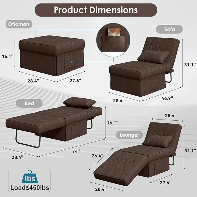Convertible Sofa Bed with 5-Level Adjustable Backrest, 74" D x 28" W 4-in-1 Folding Ottoman Sleeper Chair Bed, Modern Single Futon Couch for Living Room Apartment Dorm Small Space, Dark Brown