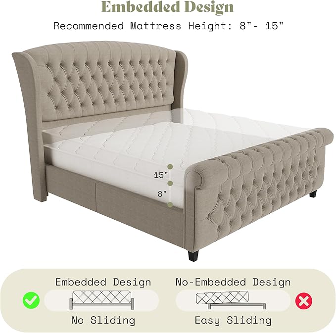 AMERLIFE California King Size Platform Bed Frame, Linen Upholstered Sleigh Bed with Scroll Wingback Headboard & Footboard/Button Tufted/No Box Spring Required/Khaki