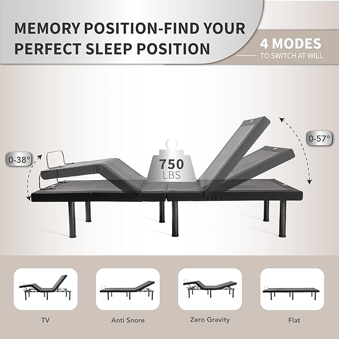 Dyonery Adjustable Bed Base Frame (Frame Only), Head & Foot Incline, 750lbs Lift Capacity, Powerful Quiet Motor, Wireless Remote, 5 Minutes Tools-Free Assembly, Anti-Snore, Twin XL Size