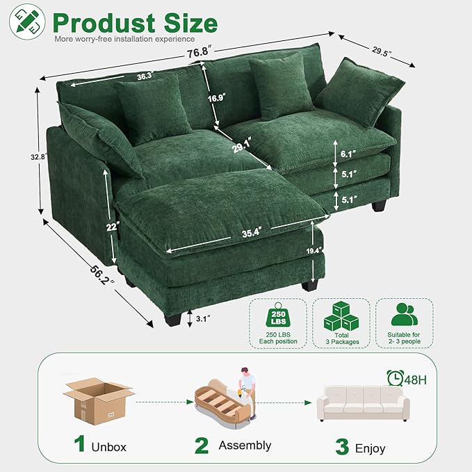 Cloud Chenille L-Shaped Sofa with Ottoman, 77" Space Saving Sectional Loveseat with Chaise, Couch for Small Spaces, Easy Assembly, 1YR Warranty