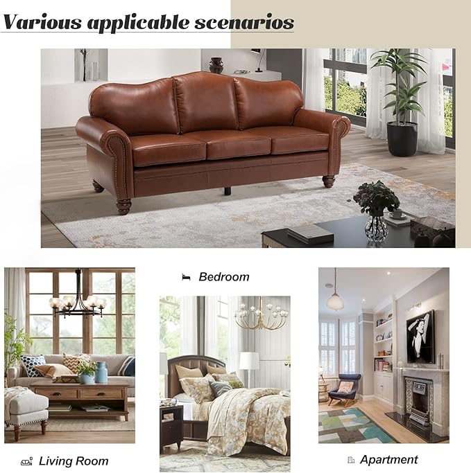 HULALA Home 81'' Genuine Leather Sofa with Nailhead Trim and Rolled Armrests, Mid-Century Modern Living Room 3-Seater Couch, Brown Couch with Removable Cushion for Bedroom Apartment