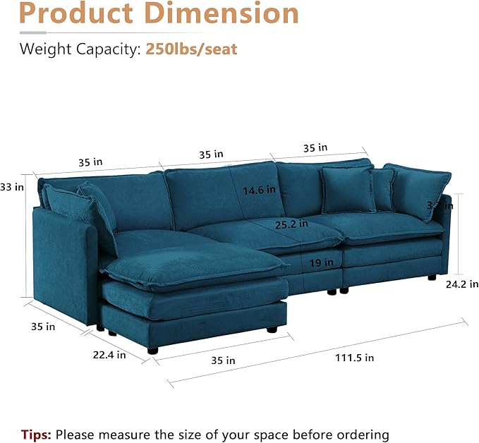 mikibama Modular Sectional Sofa, 111.5 Inch L Shaped Couch Set for Living Room, 3-Seater Comfy Cloud Couches with Movable Ottoman, DIY Combination, Chenille, Blue
