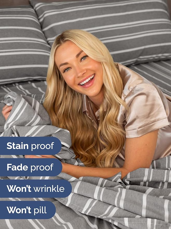 Extra Deep Queen Sheet Set - 6 Piece Breathable and Cooling Sheets - Hotel Luxury Bedding for Women, Men, Kids & Teens - Easy Secure Fit - Soft and Wrinkle Free with Extra Deep Pockets - Grey Stripes