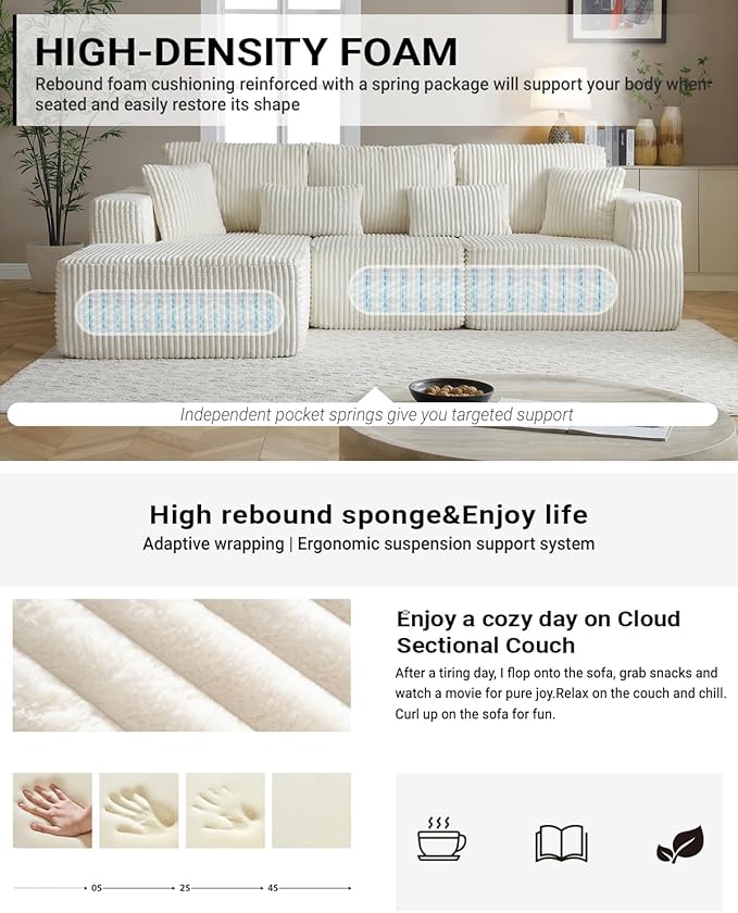 110" Cloud Sectional Couch, Modular Sectional Sofa with Deep Seat, Corduroy Upholstered Boneless Couch for Living Room Bedroom, Left Facing Chaise (Beige, 110" Left Facing Chaise)