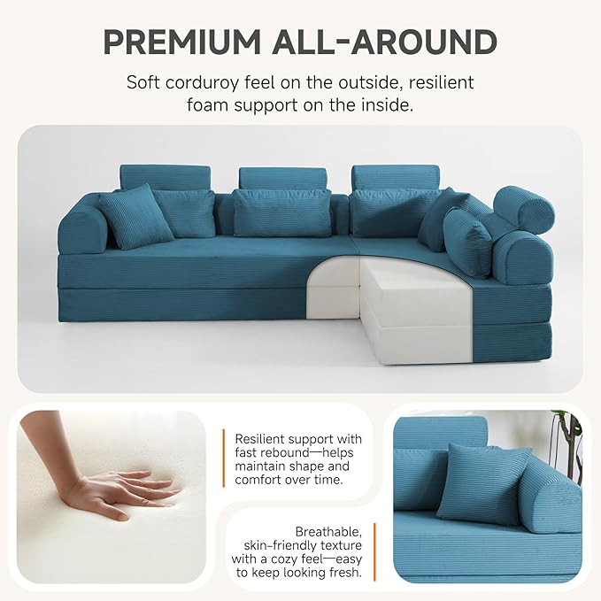 106" L-Shaped Boneless Sectional Couch, 2-Piece 70.87" Modules, Converts to 141.7" Extra-Long Straight Sofa, Corduroy Couch in a Box with Headrest & Back Pillows for Living Room, Light Blue