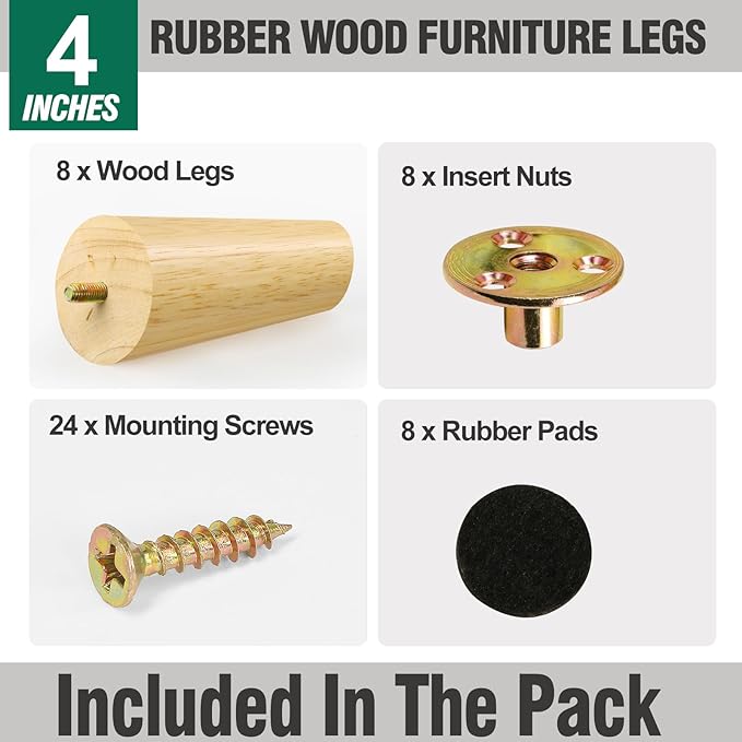 FoDau770 Rubber Wood Furniture Legs 4 Inches, Slant Tapered Wood Feet Mid Century Sofa Legs Set of 8, 5/16" UNC Furniture Feet Replacement Parts for Cabinet Couch Dresser Chair Ottoman Table