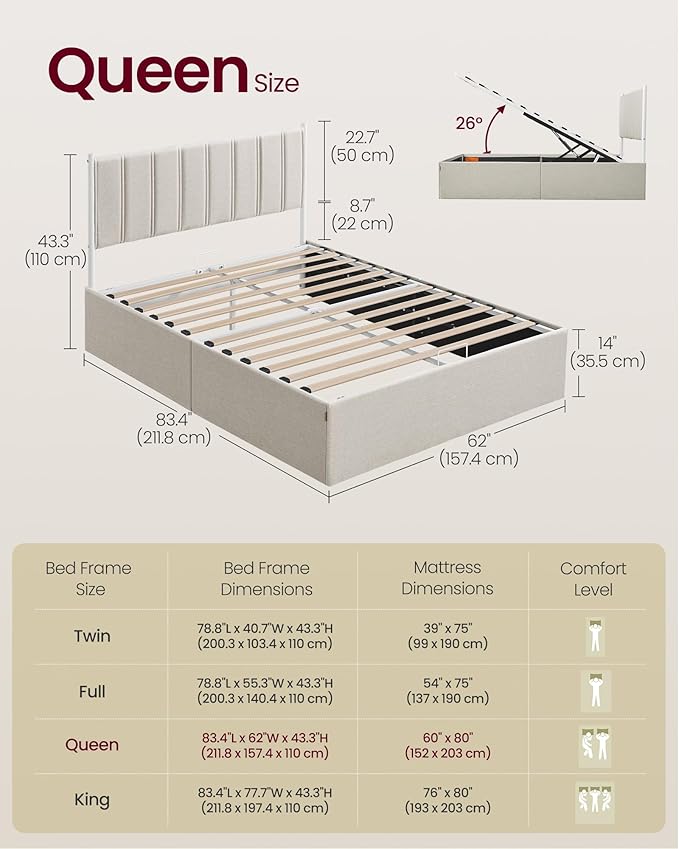 VASAGLE Lift Up Storage Bed Frame Queen Size, Hydraulic Platform Bed, with Upholstered Headboard, 1100 lb Weight Capacity, No Box Spring Needed, Easy Assembly, Modern, Cappuccino Beige URMB601W01V1