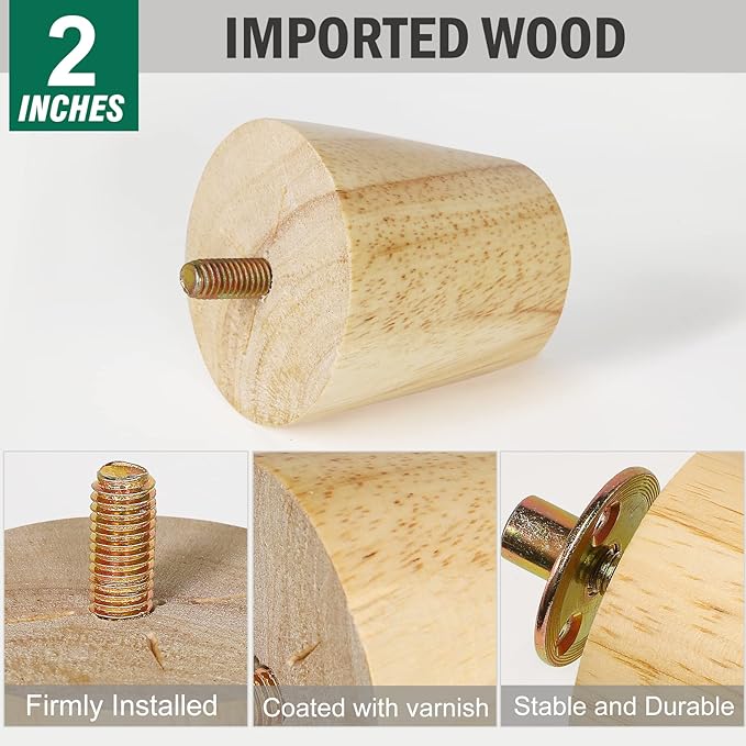 FoDau770 Rubber Wood Furniture Legs 2 Inches, Straight Tapered Wood Feet Mid Century Sofa Legs Set of 4, 5/16" UNC Furniture Feet Replacement Parts for Cabinet Couch Dresser Chair Ottoman Table