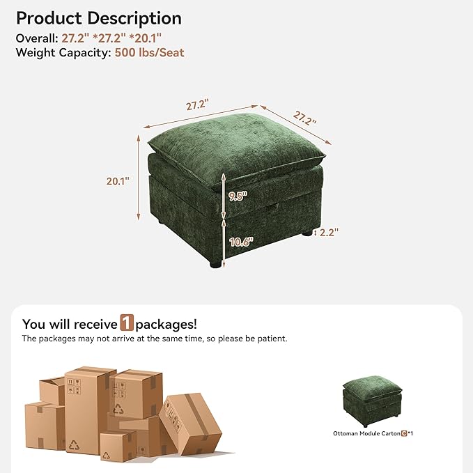 27" Large Square Ottoman with Storage, Modern Upholstered Footrest with Anti-Slip Legs for Couch Coffee Table Living Room, Bedroom, Entryway, Chenille Green