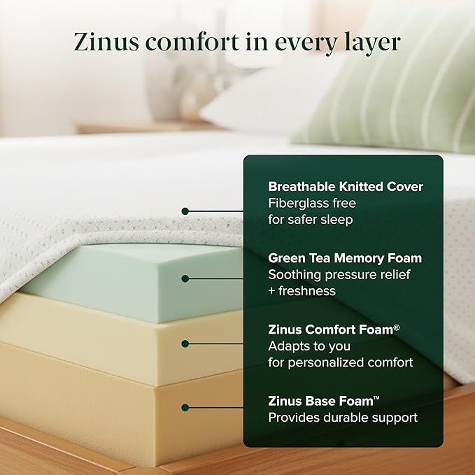 Zinus 6 Inch King Green Tea Memory Foam Mattress [New Version], Fiberglass Free, Medium Firm Feel, Zoned Pressure Relief, Certified Safe Foams & Fabric, Mattress in A Box