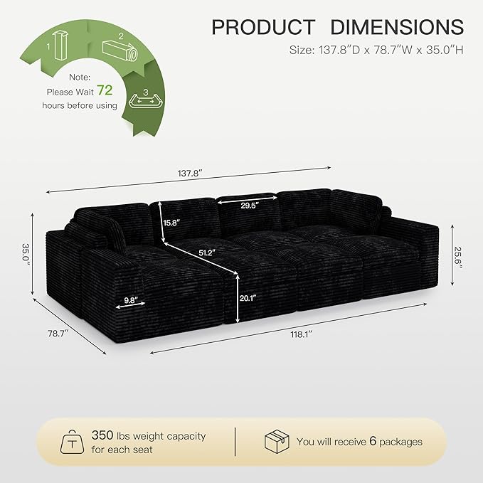 Boneless Modular Sectional Sleeper Sofa Bed Plush Corduroy Cloud Sectional Couches for Living Room with Deep Seat. Black Couch.