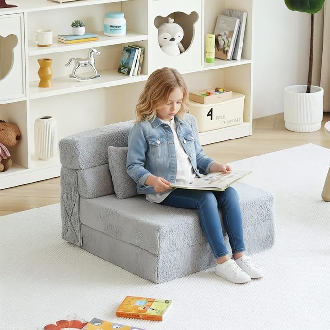 Tiita Convertible Folding Kids Sofa Bed with Pillow & Storage Bag, Plush Fabric Floor Mattress Couch Bed, Washable Cover, Kids Room, Playroom, Dorm, Apartment, White Grey