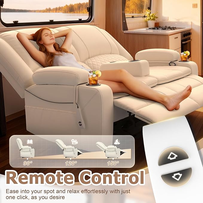 Loveseat Recliner Sofa, Power Reclining Loveseat Sofa RV Couch with Removable Armrest and Remote Control, Wall Hugger Home Theater Seating with 2-Tier Cushions, Storage & USB Ports, White