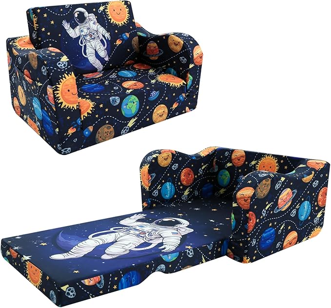 MeMoreCool Folding Kids Couch – 2-in-1 Toddler Sofa Bed & Lounge Chair | Astronaut Print | Fold-Out Design | Washable Cover | Ages 1–3
