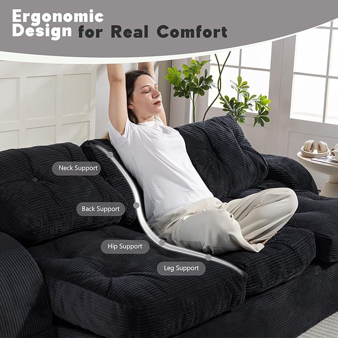 MeMoreCool Floor Sofa Black Boneless Cloud Couch – 3-Seater Convertible Sofa Bed, Tufted Corduroy, No Assembly Modular Cushion Design, Compressed in a Box, for Living Room and Bedroom