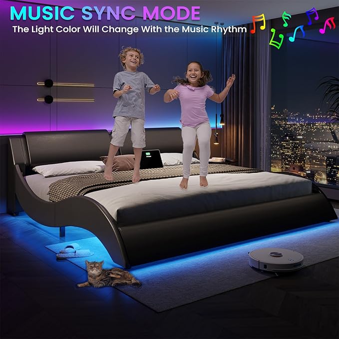 DICTAC King Size Bed Frame with Headboard and Charging Ports Modern Low Profile King Platform Bed Frame with LED Lights Wave Like Curve Led Bed Frame King Size with Wood Slats Support,Black
