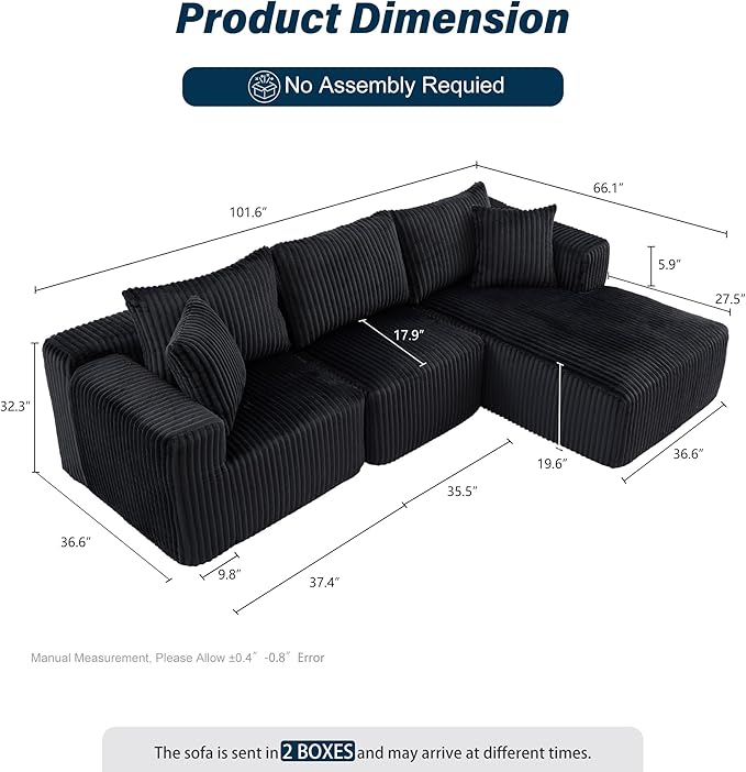 3 Seater L Shaped Sofa with Deep Seat, 101" Cloud Sectional Couch with Chaise, Cozy Modular Couches Sleeper, Oversized Corduroy Sofa for Living Room Bedroom Apartment, Black