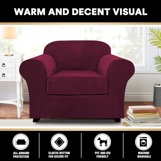 PrinceDeco Velvet Plush Couch Cover Stretch 2 Piece Chair Cover Chair Slipcover Washable Furniture Protector Couch Soft with Elastic Bottom Armchair Cover Width Up to 49 Inch(Small, Burgundy)