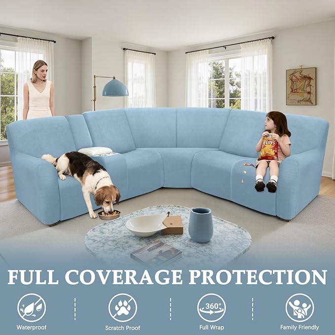 Waterproof Reclining Sectional Couch Covers Washable L Shaped Couch Cover for Sectionals Recliner Sofa Covers Stretch Corner Recliner Slipcovers(5 Seater 1 Console Cover, Light Blue)