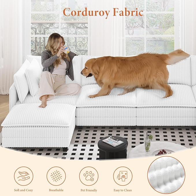 Vesgantti 143" L Shaped Modular Sectional Sofa, Comfy Corduroy Upholstered Modular Sectional Couches for Living Room, Modern Cloud Couch with Ottoman Deep Seat, Warm White