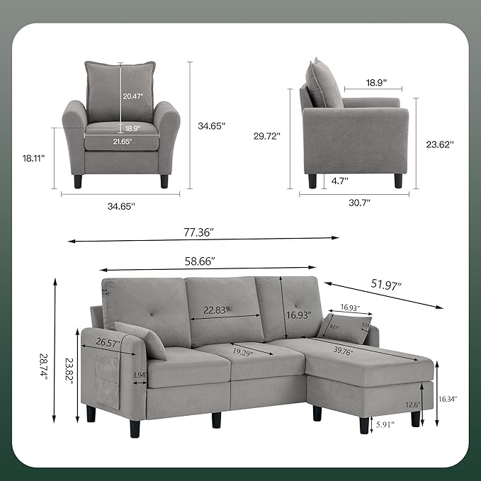 Convertible Sectional Sofa, 77" Small L Shaped 3 Seat Couch with Reversible Storage Chaise, and Accent Chair Set Modern Polyester Fabric Sofa Couches for Living Room, Apartment, Light Grey