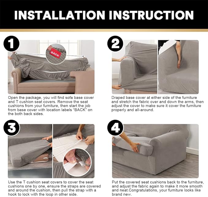 PrinceDeco T Cushion Loveseat Slipcover 3 Pieces Sofa Covers for T Cushion Sofa Stretch Slip Covers for 2 Cushion Couch with 2 Individual T Shape Seat Covers Width Up to 76" -Washable, Taupe