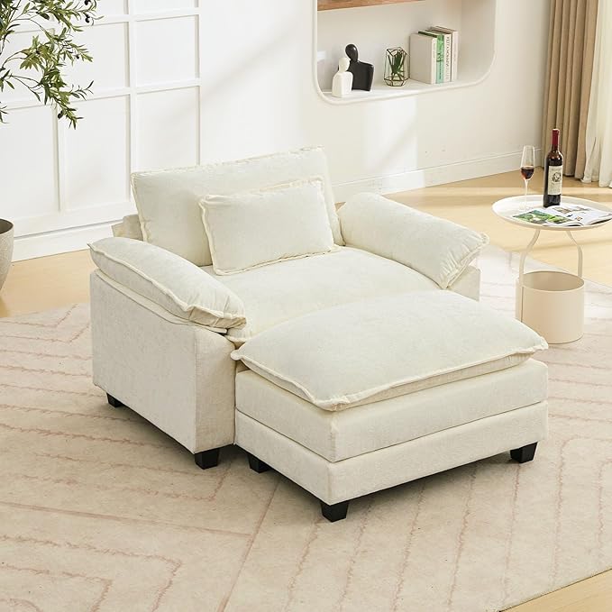 53" Modular Sectional Sofa, Comfy Cloud Couch Sectional Sofa with Ottoman, Chenille Sofa Sleeper Deep Seat Sofa with Throw Pillows for Living Room (Beige White)