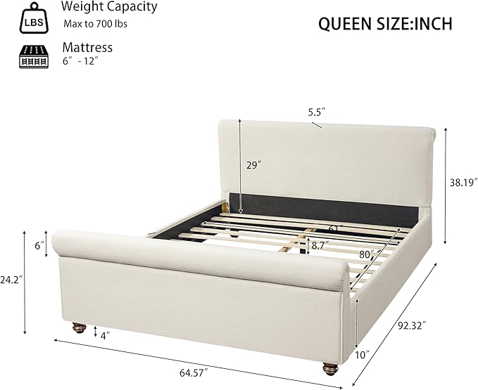 Christopher Knight Home Chenzi Linen Upholstered Queen Bed Frame with Headboard and Footboard, Wooden Platform Queen Size Bed Frame and Double-Layer Oval Legs, No Box Spring Needed, Beige