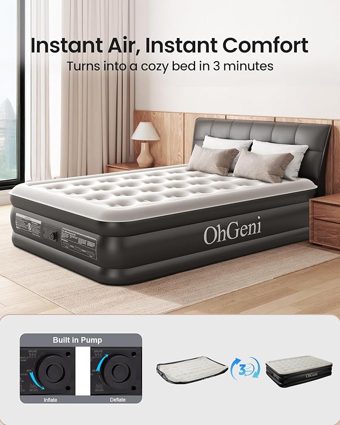 OhGeni Air Mattress Full with Built in Pump, 18" Raised Inflatable Blow up Mattress, Family Choice Award Winner, Portable Foldable Bed with Upgraded Surface for Home & Camping, 600 lbs