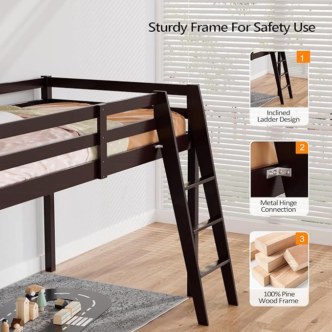 VINGLI 47'' Tall Junior Low Loft Bed with Stairs, Wood Loft Bed Twin Size for Adults, Kids and Young Teens, No Box Spring Required,Wood Slat Support, Espresso