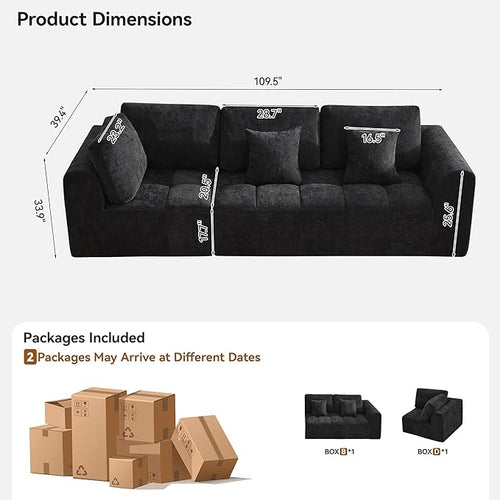 110''Modular Sectional Couches for Living Room, Cloud Boneless Compressed Sectional Sofa, Oversized 3 Seater Upholstered Memory Foam Sofa, No Assembly, Chenille Black
