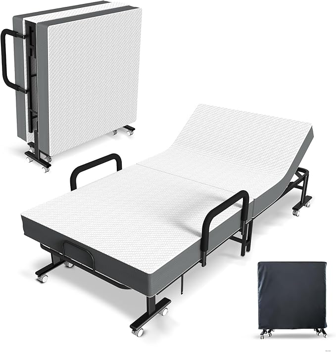 Adjustable Folding Bed with Mattress, 8 Smooth-Rolling Wheels & 2 Armrests, Portable, Foldable Guest Bed for Adults, 75" x 38"