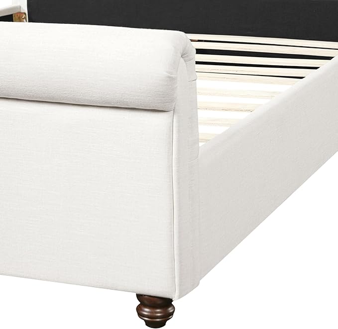 Christopher Knight Home Chenzi Linen Upholstered Queen Bed Frame with Headboard and Footboard, Wooden Platform Queen Size Bed Frame and Double-Layer Oval Legs, No Box Spring Needed, White