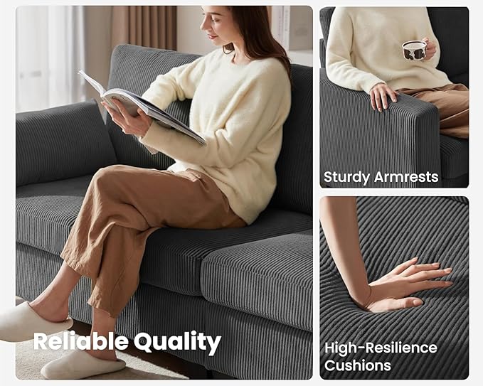 CHIC HOUSE Corduroy Modular Sectional Couch with Ottoman Chaise, L/U Shaped Sleeper Sofa for Living Room, Apartment, Lounge, Modern Armrest Neck Support Furniture (Dark Grey, 7 Seater Sectional)