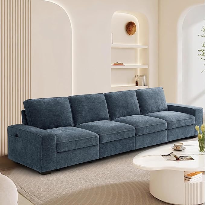 TEKAMON 128" Modular Sofa Couch with Seat Storage, Modern Comfy 4-Seater Long Couch for Living Room, Office, Apart, Chenille Sofa, Wide Armrest, USB Charging, Pockets, Washable Covers (Blue)