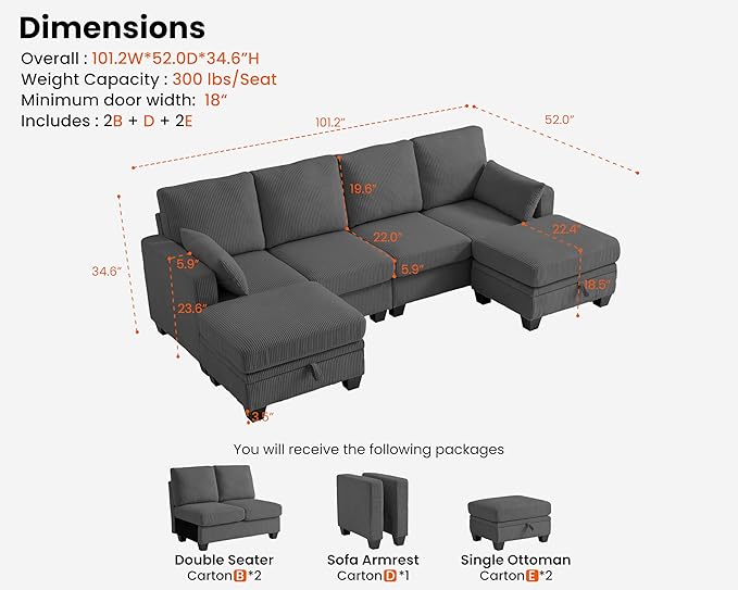 CHIC HOUSE Modular Sectional Sofa with Storage Ottomans, Corduroy Cloud Couch for Small Spaces & Apartments, Reconfigurable L/U Shaped Convertible Corner Sofa (6 Seater Sectional, Dark Grey)