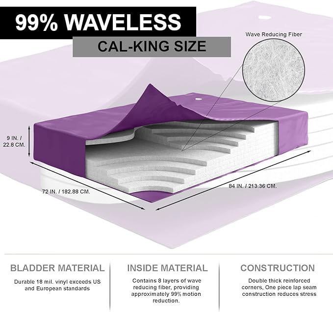 WAVELESS 99%, California King Size, Waterbed Hardside Mattress Bundle, Includes Fill & Drain Kit, 8oz. Water Conditioner and Stand-Up Liner, Heavy Duty Vinyl, 72"W x 84"L x 9"H, Frame NOT Included