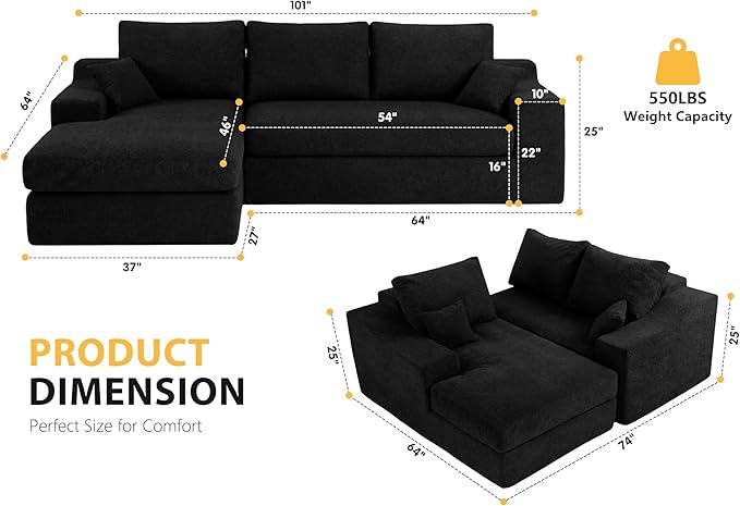HABUTWAY 101'' Modular Sectional Sofa, Cloud Sectional Couches for Living Room, Comfy Boneless Couch with Deep Seat, Modern L-Shape Sofa with Chaise, No Assembly Required (Black, Left Facing Chaise)