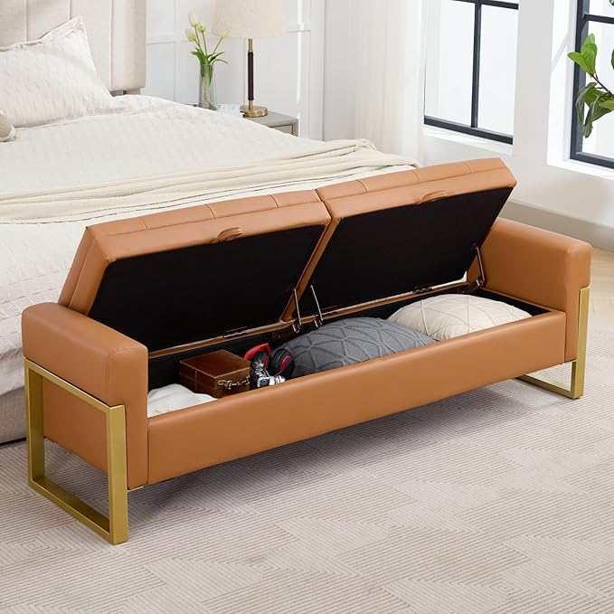 67" End of Bed Bench King Size, Leather Storage Bench for Bedroom Foot of Bed, Double Lids Storage Bench with Golden Legs, Upholstered Ottoman Bench for Living Room Window Entryway, Brown
