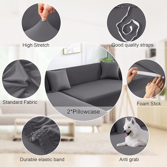 NAISI Sectional Couch Cover L Shape 2 Pieces Sofa Cover Soft Stretch Slipcovers with 2pcs Pillowcases Furniture Protector Couch Covers 3 Seater + 3 Seater(Light Grey)