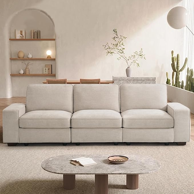 TEKAMON 100" Modular Sofa with Seats Storage, Comfy 3-Seater Chenille Fabric Couch for Living Room, Office, Apart W/Deep Seat, Wide Arms, Side Pockets, USB, Removable Covers, Upholstered Couch/Beige