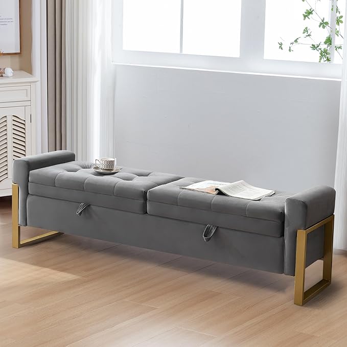 67" Storage Bench for Bedroom, End of Bed Bench King Size, Double Lids Ottoman Bench with Golden Legs Foot of Bed, Upholstered Velvet Storage Bench for Window Living Room Entryway, Dark Grey