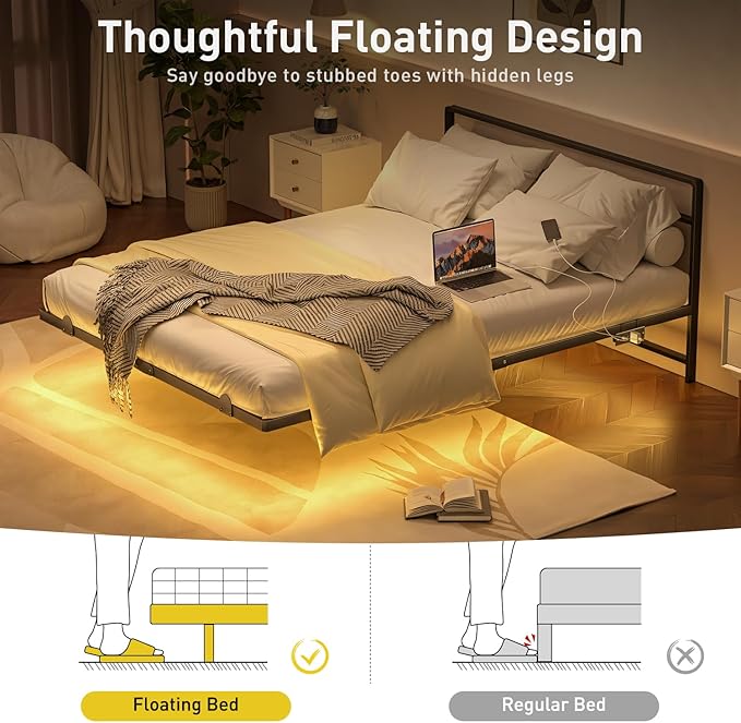 Queen Floating Bed Frame with Headboard, Modern Platform Bed Frame with LED Lights and USB Charging Station, Sturdy Metal Bed Frame for Adults, No Box Spring Needed, Easy Assembly, Noise Free Design