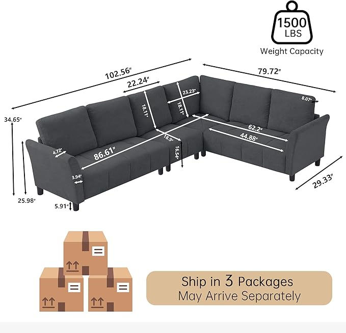 Convertible Sectional Sofa Couch, 102" L Shaped Couch with Back Cushions, Modern Upholstered Fabric 6-Seat Reversible Sofa Set for Living Room, Apartment, Office, Light Grey