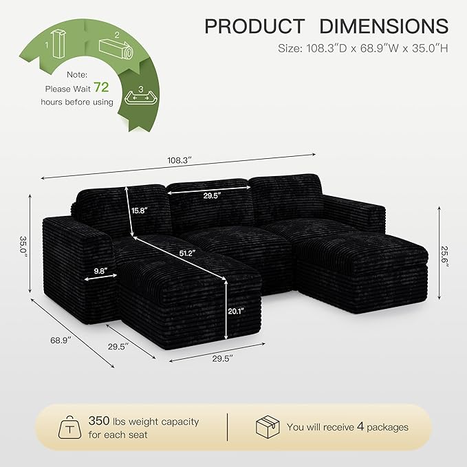 Belffin Boneless Modular Cloud Sectional Couch with Deep Seat Plush Corduroy 3-Seater Boneless U Shaped Couch with Ottoman No Assembly Required. Black Sofa