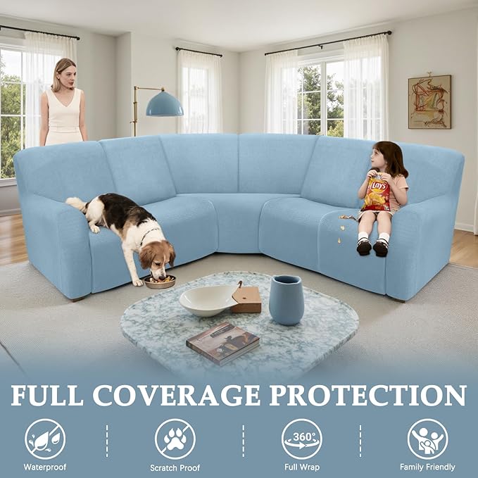 Waterproof Reclining Sectional Couch Covers Washable L Shaped Couch Cover for Sectionals Recliner Sofa Covers Stretch Corner Recliner Slipcovers for Dogs (5 Seater Cover, Light Blue)