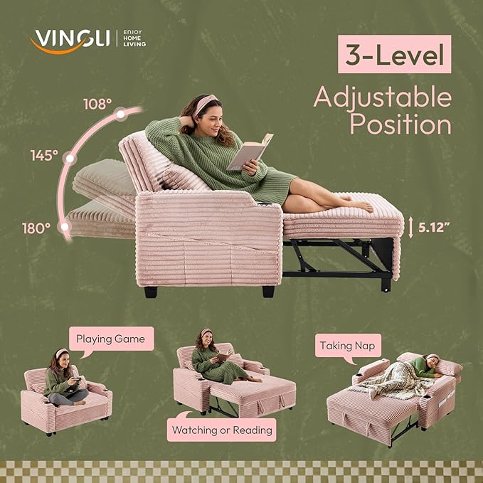 VINGLI Pink Futon Sofa Bed Convertible Loveseat Sleeper Sofa Couch, Corduroy Pullout Sofa Fold Out Couch Bed with USB Ports, Cup Holders, Armrest for Living Room, Bedroom Apartment Room | Loveseat Sleeper