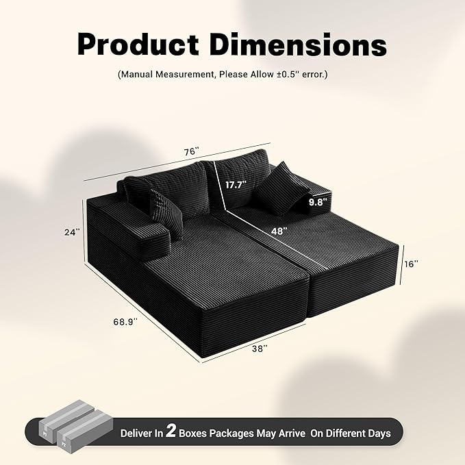 Chaise Lounge Chair, Boneless Couch for Living Room and Bedroom, Set of Sleeper Couches Reading Chairs, Corduroy, Black