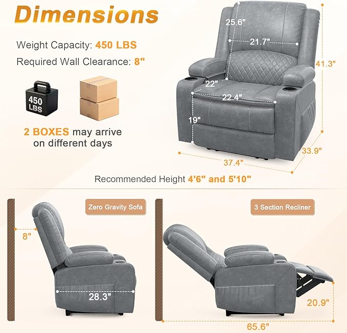 Oversized Manual Recliner Chair, 3 Angle Recliner Home Theater Seating, RV Recliner Single Sofa with Hidden Arm Storage, Cup Holder & Side Pocket (Single, Grey)